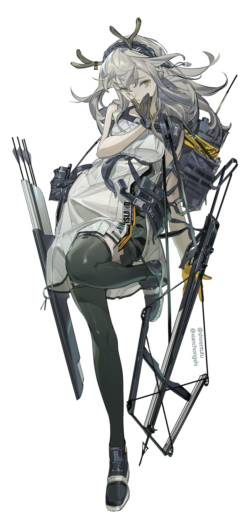 1girl absurdres antlers arknights arrow_(projectile) crossbow crossbow_bolt deer_antlers deer_girl dress firewatch_(arknights) firewatch_(wilted_cypress)_(arknights) gloves grey_dress highres holding holding_crossbow holding_weapon horns official_alternate_costume quiver radio_antenna reindeer_antlers reindeer_girl rhodes_island_logo_(arknights) solo weapon xianchong_shi