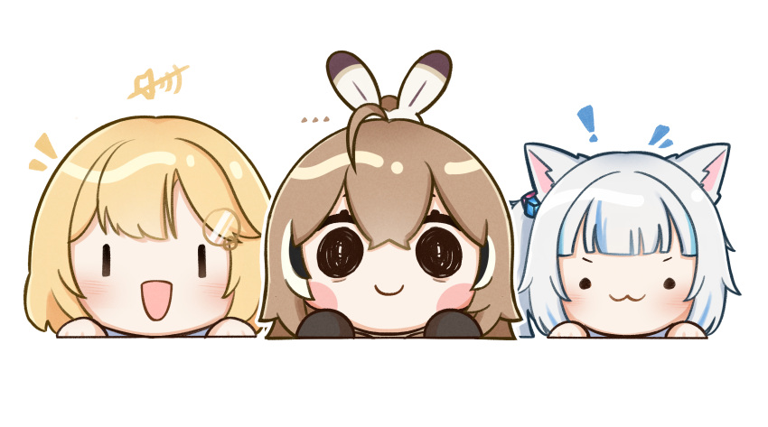 ._. 3girls :3 :d animal_ears black_gloves blonde_hair blue_hair blunt_bangs blush blush_stickers brown_hair cat_ears chibi chibi_only closed_mouth commentary crossed_bangs cube_hair_ornament double-parted_bangs english_commentary feather_hair_ornament feathers gawr_gura gawr_gura_(casual) gloves grey_hair hair_between_eyes hair_ornament highres hololive hololive_english looking_at_viewer medium_hair moon_ldl multicolored_hair multiple_girls nanashi_mumei official_alternate_hair_length official_alternate_hairstyle open_mouth original ponytail portrait side_ponytail simple_background smile smol_ame smol_mumei solid_circle_eyes streaked_hair transparent_background v-shaped_eyebrows virtual_youtuber walfie_(style) watson_amelia white_background |_|