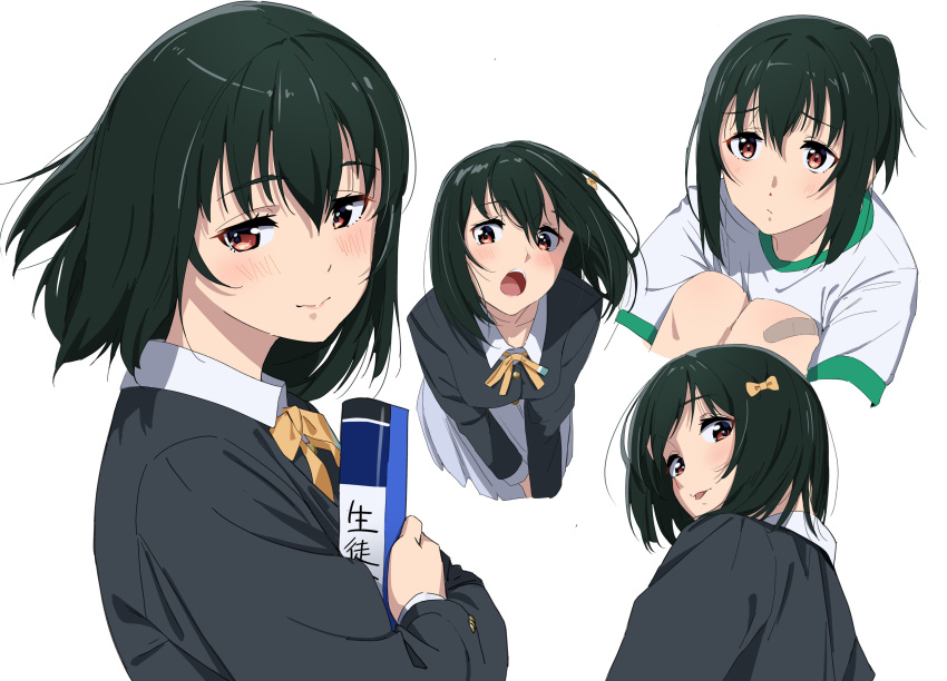 0364p 1girl absurdres alternate_hairstyle book closed_mouth collared_shirt commentary_request furrowed_brow green_hair hair_ribbon highres holding holding_book hugging_book hugging_object long_sleeves looking_at_viewer love_live! love_live!_nijigasaki_high_school_idol_club mifune_shioriko multiple_views neck_ribbon nijigasaki_academy_school_uniform open_mouth ponytail red_eyes ribbon school_uniform shirt short_hair sidelocks skirt upper_body white_shirt white_skirt winter_uniform yellow_ribbon