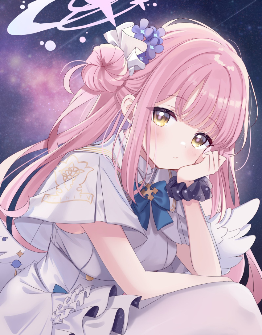 1girl angel_wings black_scrunchie blue_archive blush breasts capelet chocola_vt closed_mouth dress feathered_wings flower hair_bun hair_flower hair_ornament halo highres large_breasts long_hair looking_at_viewer mika_(blue_archive) pantyhose pink_hair pink_halo purple_flower scrunchie single_side_bun solo white_capelet white_dress white_pantyhose white_wings wings wrist_scrunchie yellow_eyes
