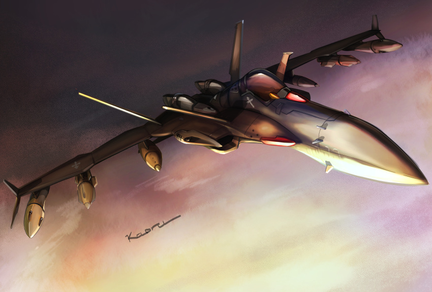 absurdres anti-u.n. bomb canards canopy_(aircraft) clouds dusk dutch_angle explosive flying gun highres machine_gun macross macross_zero missile missile_pod moonshine_pizza muzzle no_humans roundel science_fiction signature sv-51 variable_fighter weapon