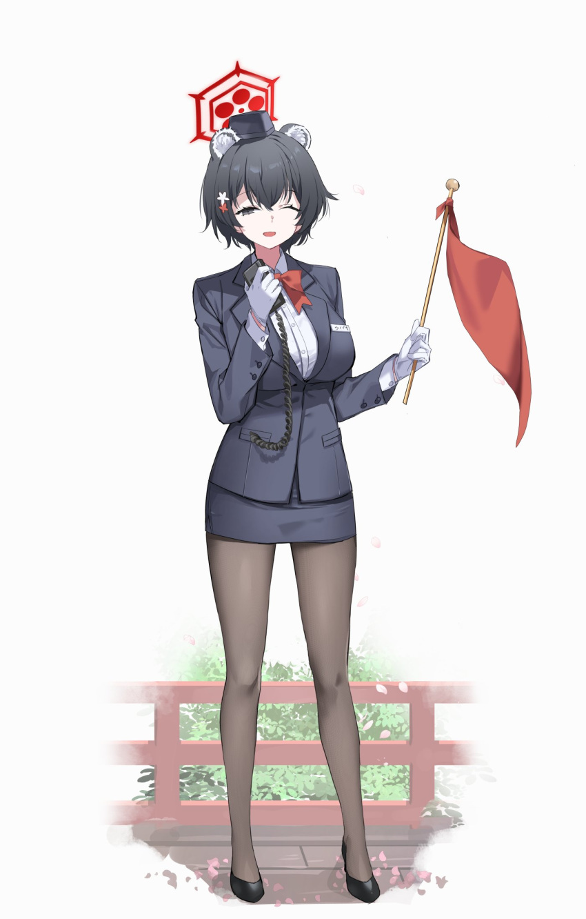 1girl ;d animal_ears black_eyes black_footwear black_hair black_pantyhose black_skirt blue_archive bow bowtie commentary_request ddolggol extra_ears flag flower full_body gloves hair_between_eyes hair_flower hair_ornament halo hat high_heels highres holding holding_flag holding_microphone long_sleeves looking_at_viewer microphone name_tag official_alternate_costume one_eye_closed pantyhose pencil_skirt raccoon_ears raccoon_girl red_bow red_bowtie short_hair sidelocks simple_background skirt smile solo standing tour_guide tsubaki_(guide)_(blue_archive) white_background white_gloves