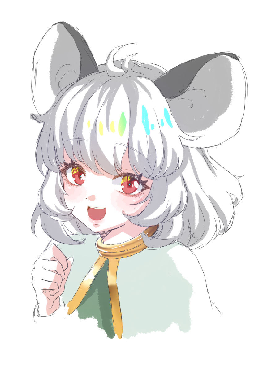 0002koko 1girl :d absurdres ahoge animal_ears blush capelet clenched_hand close-up commentary_request cropped_torso eyelashes grey_hair hair_between_eyes hand_up happy highres looking_at_viewer medium_hair mouse_ears mouse_girl nazrin open_mouth red_eyes simple_background smile solo teeth touhou tsurime upper_teeth_only white_background