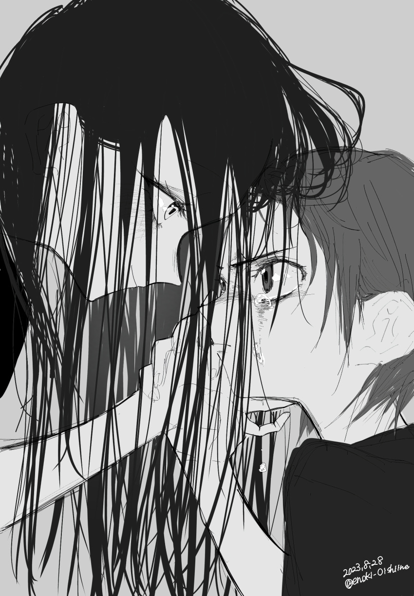 2girls absurdres close-up crying crying_with_eyes_open enoki_oishiine eye_contact greyscale hand_on_another's_cheek hand_on_another's_face highres kamisaki_hikaru long_hair looking_at_another medalist_(manga) monochrome multiple_girls short_hair simple_background sketch tears yuitsuka_inori