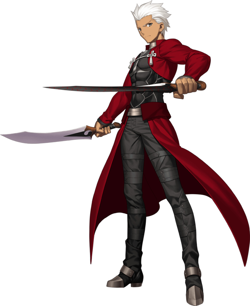 1boy archer_(fate) armored_boots black_shirt boots cape chinese_knot cropped_jacket dark-skinned_male dark_skin dual_wielding fate/grand_order fate_(series) full_body game_cg highres holding holding_sword holding_weapon jacket kanshou_&amp;_bakuya_(fate) long_sleeves looking_at_viewer male_focus non-web_source official_art pants red_cape red_jacket ribbon shirt short_hair solo sword tachi-e takeuchi_takashi tassel transparent_background waist_cape weapon white_hair