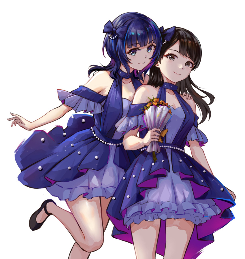 2girls asaka_karin black_footwear blue_dress blue_eyes blue_hair blunt_bangs blush bouquet bow brown_eyes brown_hair collarbone commentary_request dress hair_bow hand_on_another's_shoulder highres holding holding_bouquet kubota_miyu layered_dress long_hair looking_at_viewer love_live! love_live!_nijigasaki_high_school_idol_club love_live!_school_idol_festival_2 mary_janes medium_hair multiple_girls off_shoulder purple_bow setsu_(qjsj1993aa) shoes standing standing_on_one_leg swept_bangs upper_body voice_actor voice_actor_connection white_background
