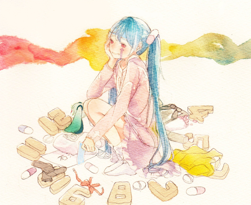 1girl arrow_(symbol) bare_legs bird blue_hair bow commentary_request facial_tattoo full_body hand_on_own_cheek hand_on_own_face hatsune_miku highres long_hair long_sleeves painting_(medium) paper pill red_eyes shizumi_(saluck) skirt slow_motion_(vocaloid) smile socks solo squatting tattoo traditional_media twintails unworn_clothes unworn_socks very_long_hair vocaloid watercolor_(medium) white_socks