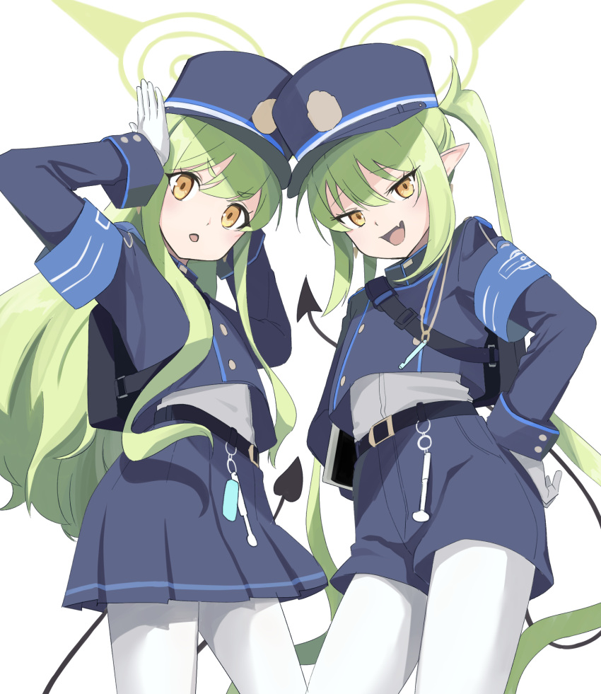 2girls ;d armband arms_up backpack bag belt blue_archive blue_armband blue_shirt character_request commentary_request cowboy_shot demon_tail fang from_below green_eyes green_halo halo hands_on_own_hips hat highres holding holding_tablet_pc long_hair long_sleeves looking_at_viewer multiple_girls one_eye_closed open_mouth pantyhose peaked_cap pleated_skirt shikiama shirt shorts sidelocks simple_background skin_fang skirt smile tablet_pc tail twintails uniform white_background white_pantyhose white_shirt yellow_eyes
