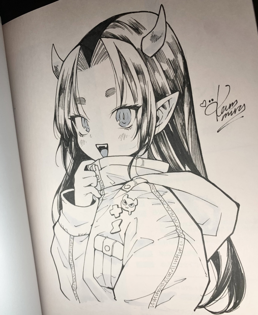 1girl blush commentary_request cropped_torso demon_girl fangs highres hood hooded_jacket horns jacket kanimura_ebio long_hair looking_at_viewer marker_(medium) monochrome open_mouth original photo_(medium) pointy_ears short_eyebrows signature smile solo teeth traditional_media