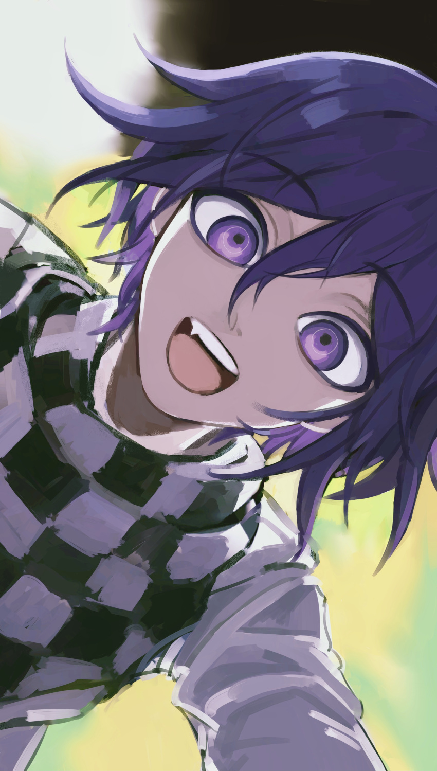 1boy absurdres checkered_clothes checkered_scarf close-up danganronpa_(series) danganronpa_v3:_killing_harmony flipped_hair foreshortening hair_between_eyes highres looking_at_viewer male_focus muwan oma_kokichi open_mouth purple_hair scarf shirt short_hair simple_background smile solo teeth upper_body upper_teeth_only violet_eyes white_shirt wide-eyed
