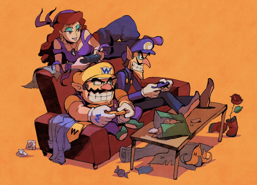 1girl 2boys banana_peel bandana big_nose black_overalls blue_eyeshadow captain_syrup controller couch eyeshadow facial_hair feet_on_table flower game_controller gloves hat jewelry makeup multiple_boys mustache necklace octopus_earrings on_couch orange_background overalls playing_games pointy_ears purple_bandana purple_hat purple_overalls redhead rinabee_(rinabele0120) rose simple_background smirk super_mario_bros. waluigi wario wario_land white_gloves yellow_hat