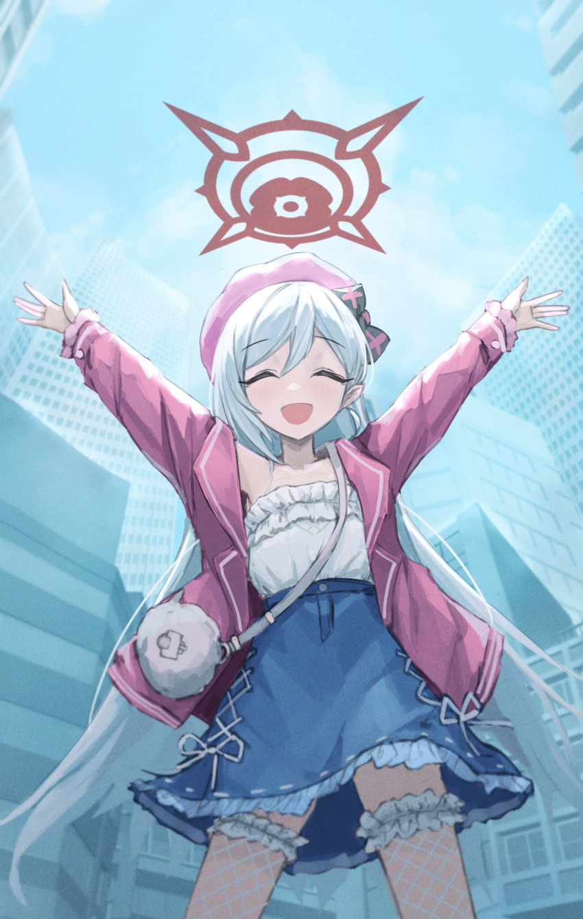 1girl arms_up bag_(chrko_bag) blue_archive closed_eyes denim denim_skirt grey_hair halo highres jacket long_hair mutsuki_(blue_archive) open_mouth purple_jacket red_eyes red_halo skirt smile solo