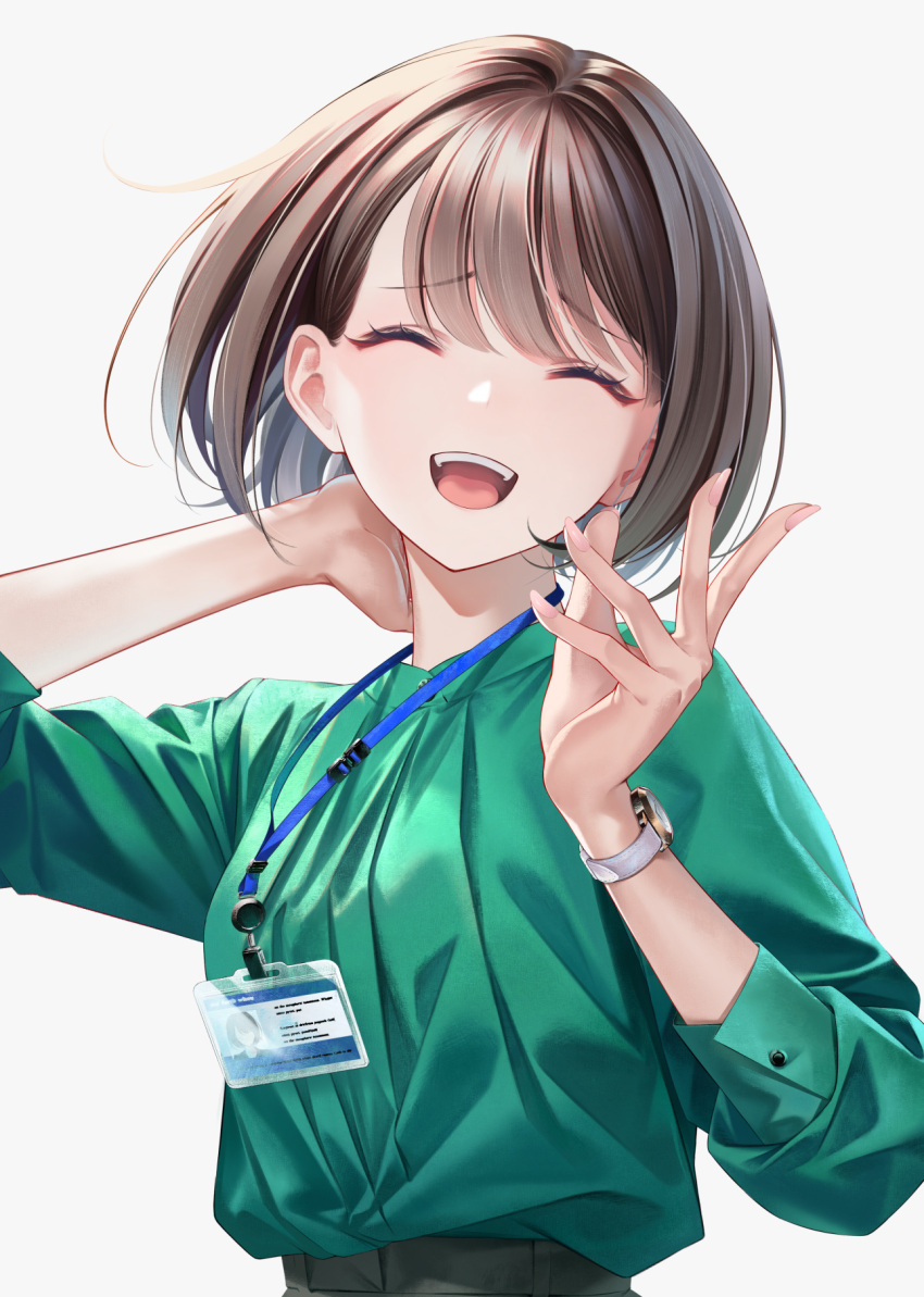 1girl :d ^_^ brown_hair closed_eyes commentary_request facing_viewer green_shirt grey_background hand_on_own_neck highres id_card lanyard office_lady open_mouth original shirt shirt_tucked_in short_hair simple_background smile solo sousou_(sousouworks) teeth upper_body upper_teeth_only watch watch white_background