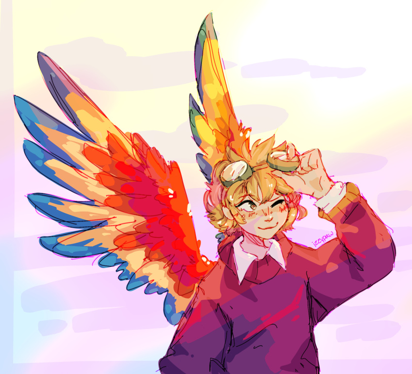 1boy absurdres animification bird_boy bird_wings blonde_hair blush goggles goggles_on_head grian_(youtuber) hermitcraft highres izzypaw male_focus medium_hair minecraft_youtube multicolored_wings one_eye_closed red_sweater signature sketch sky solo sweater wings