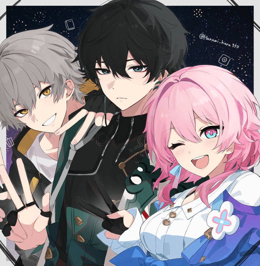 1girl 2boys absurdres artist_name black_background black_gloves black_hair black_jacket black_shirt blue_eyes blue_jacket blush border buttons cable caelus_(honkai:_star_rail) closed_mouth coat collared_shirt constellation_print dan_heng_(honkai:_star_rail) eyeshadow fingerless_gloves fingernails fireworks gloves gradient_background grey_hair hair_between_eyes hanami_haru hand_up highres honkai:_star_rail honkai_(series) hood hooded_jacket jacket long_sleeves looking_at_viewer makeup march_7th_(honkai:_star_rail) multicolored_eyes multiple_boys one_eye_closed open_clothes open_coat open_jacket open_mouth outside_border pink_eyes pink_hair puffy_long_sleeves puffy_sleeves purple_background red_eyeshadow shirt short_hair sidelocks smile standing t-shirt teeth tied_jacket tongue trailblazer_(honkai:_star_rail) trash_can two-sided_fabric two-sided_jacket upper_body v w white_border white_coat white_shirt yellow_eyes yellow_jacket zipper