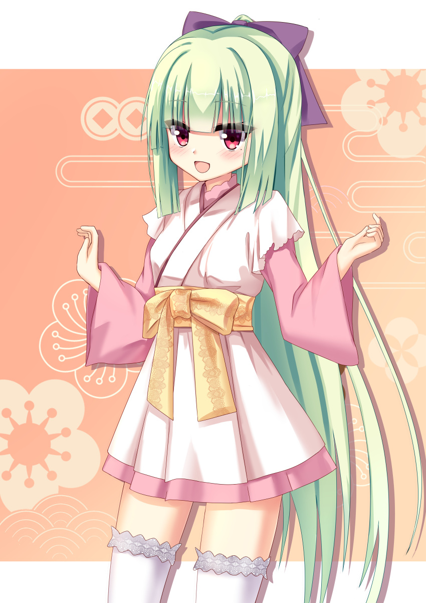 1girl :d absurdres blunt_bangs blunt_ends blush bow chinese_commentary commentary cowboy_shot drop_shadow eyes_visible_through_hair green_hair half_updo hands_up happy highres hime_cut japanese_clothes kimono long_hair long_sleeves looking_at_viewer multicolored_clothes multicolored_kimono murasame_(senren) official_alternate_costume official_alternate_hairstyle open_mouth orange_background pink_kimono purple_bow red_eyes sash senren_banka short_kimono shu_pian sidelocks simple_background smile solo straight_hair thigh-highs tsurime very_long_hair w_arms white_kimono white_thighhighs wide_sleeves yellow_bow yellow_sash zettai_ryouiki