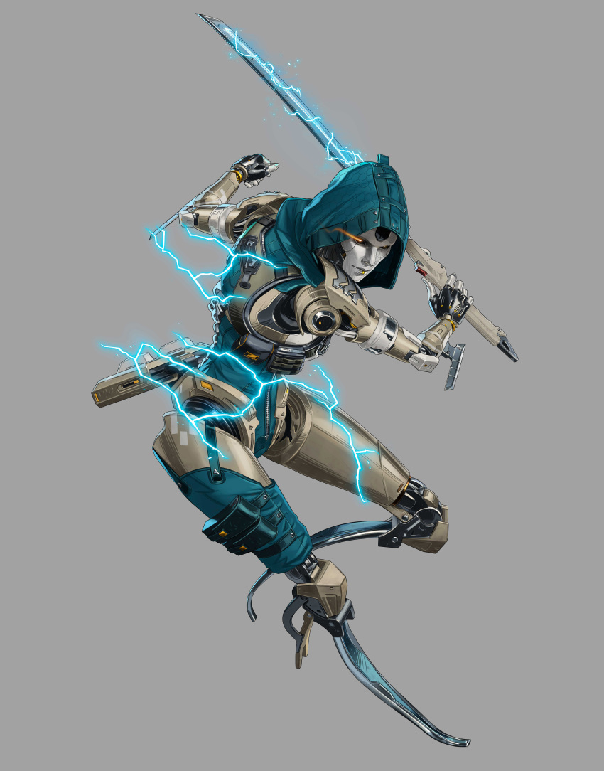 1girl absurdres apex_legends apex_legends_mobile ash_(titanfall_2) black_sclera blue_leotard clenched_hand colored_sclera cracked_skin electricity english_commentary eye_trail full_body grey_background highres holding holding_sword holding_weapon hooded_leotard leaning_forward leotard light_trail looking_ahead metal_skin official_art orange_eyes simulacrum_(titanfall) solo soojung_lee sword weapon