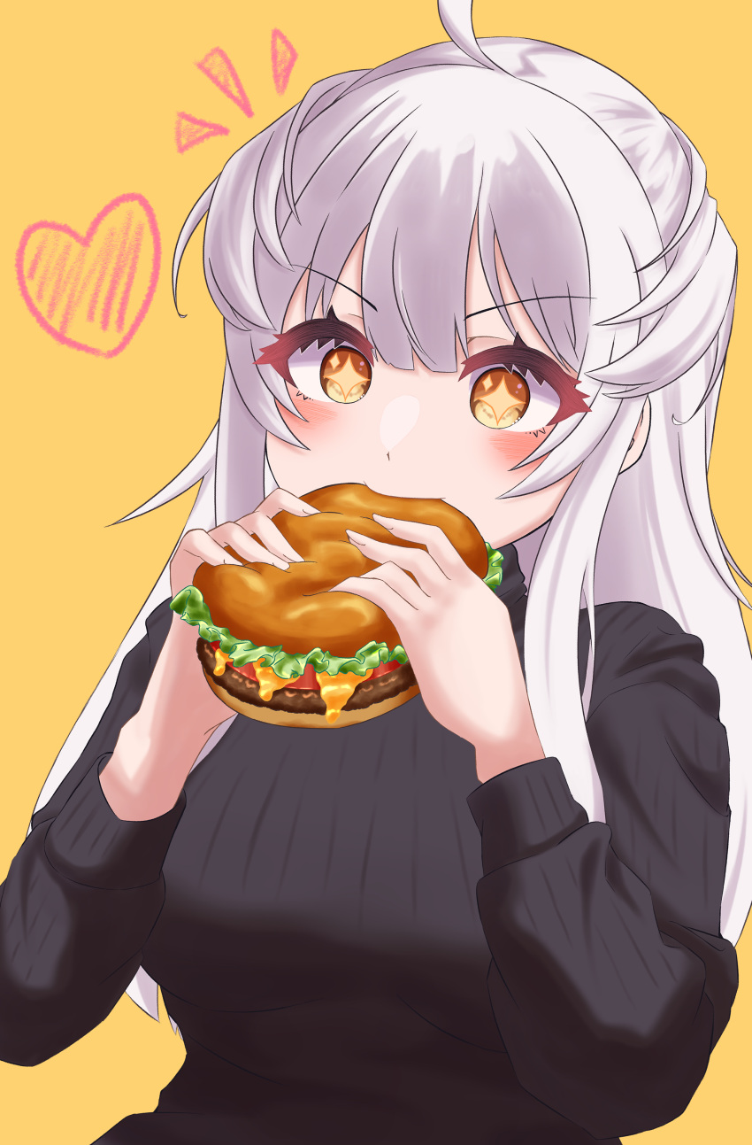 +_+ 1girl absurdres avatar_2.0_project blush burger eating food heart highres holding holding_burger holding_food long_hair long_sleeves machina4433 makino_monaka solo sweater virtual_youtuber white_hair yellow_background yellow_eyes