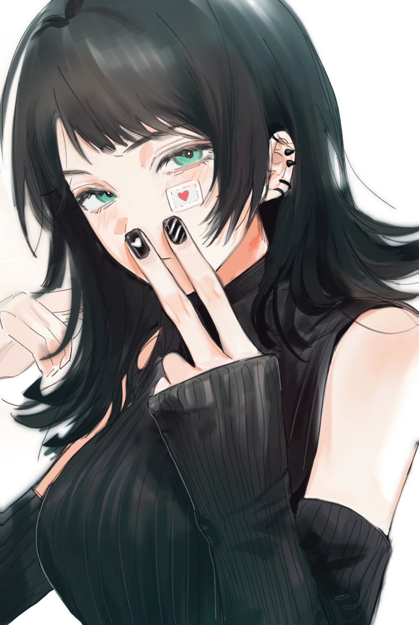 1girl bang_dream! bang_dream!_it's_mygo!!!!! black_hair black_nails black_sweater blush breasts chinese_commentary closed_mouth clothing_cutout commentary_request ear_piercing earrings green_eyes hands_up highres jewelry large_breasts long_hair long_sleeves looking_at_viewer nail_polish patch piercing shoulder_cutout simple_background siy_(shengxiu760722) sleeves_past_wrists solo sweater upper_body white_background yahata_umiri