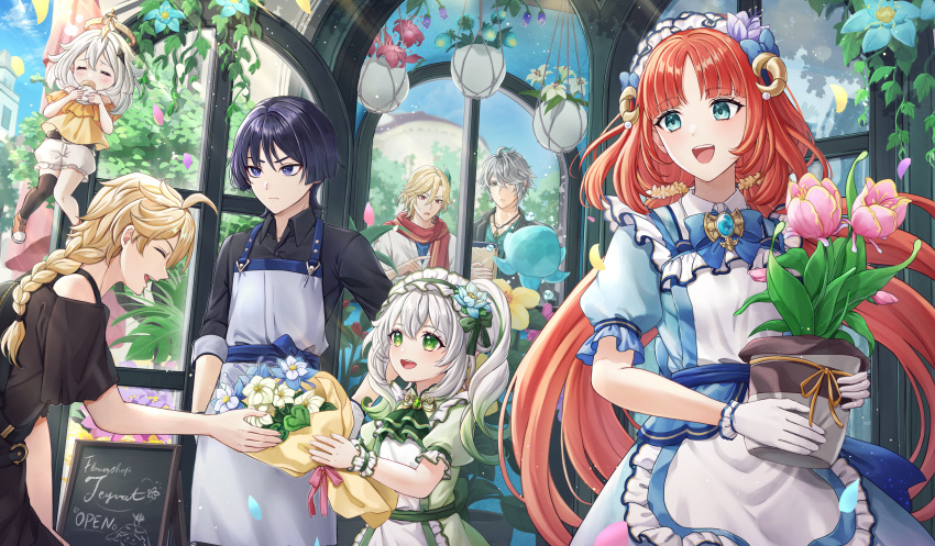 3girls 4boys aether_(genshin_impact) alhaitham_(genshin_impact) alternate_costume apron aqua_eyes black_thighhighs blue_dress bouquet closed_eyes cross-laced_footwear cross-shaped_pupils dress fake_horns floating_hair flower_pot flying frilled_apron frills genshin_impact gloves gradient_hair green_dress green_eyes green_hair grey_hair highres holding holding_bouquet holding_flower_pot horns kaveh_(genshin_impact) long_hair looking_to_the_side low_twintails multicolored_hair multiple_boys multiple_girls nahida_(genshin_impact) nilou_(genshin_impact) nyamaso open_mouth paimon_(genshin_impact) redhead scaramouche_(genshin_impact) shirt shoes short_sleeves shorts side_ponytail single_thighhigh smile standing symbol-shaped_pupils teeth thigh-highs twintails upper_teeth_only wanderer_(genshin_impact) white_apron white_gloves white_hair white_shorts yellow_shirt