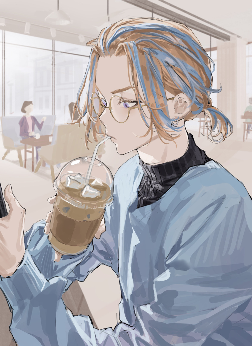 1boy absurdres bangs_pinned_back black_sweater blonde_hair blue_sweater cafe chamuring ear_piercing from_side glasses haitani_rindou highres holding iced_coffee indoors looking_at_phone low_ponytail male_focus multicolored_hair phone piercing short_ponytail sidelocks streaked_hair sweater tokyo_revengers upper_body violet_eyes