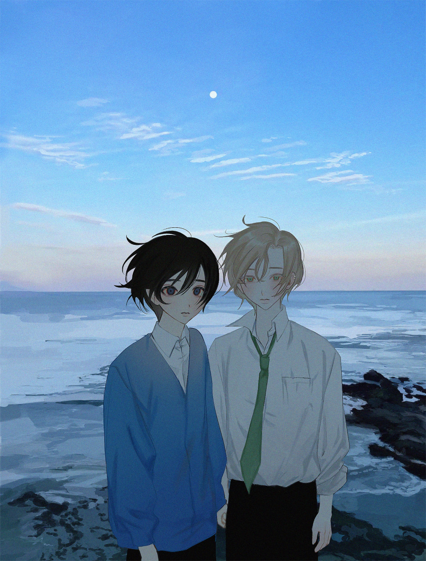 2boys absurdres arms_at_sides black_hair black_pants blonde_hair blue_cardigan blue_eyes blue_sky cardigan closed_mouth clouds collared_shirt ear_piercing expressionless film_grain floating_hair green_necktie highres horizon long_sleeves looking_at_viewer male_focus moon_in_daylight multiple_boys necktie ocean original outdoors pants piercing riroi_(rntr_ll) shirt shore short_hair sky sleeves_rolled_up standing white_shirt wind