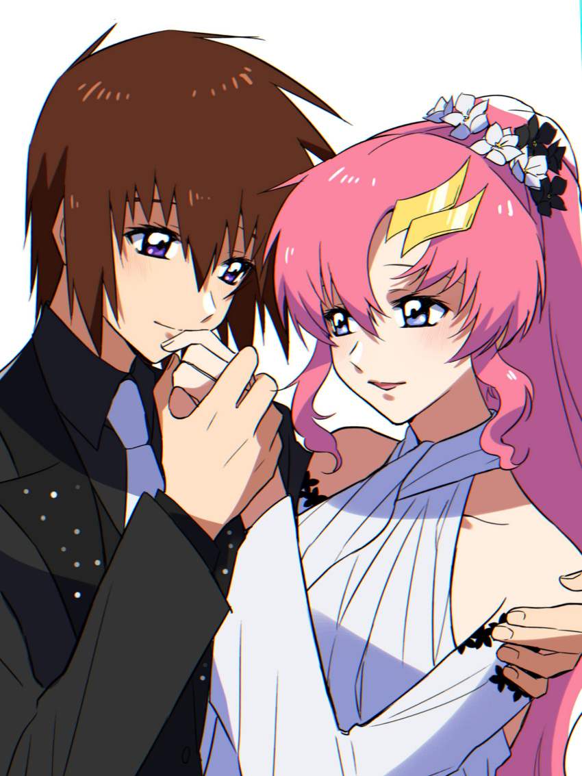 1boy 1girl black_flower black_jacket black_shirt blue_eyes brown_hair collarbone collared_shirt couple dress eye_contact eyebrows_hidden_by_hair flower gundam gundam_seed hair_flower hair_ornament hairclip hand_on_another's_shoulder hetero highres holding_hands jacket kira_yamato lacus_clyne long_hair long_sleeves looking_at_another necktie pink_hair rrrisyf shirt short_hair simple_background very_long_hair violet_eyes white_background white_dress white_flower white_necktie wing_collar