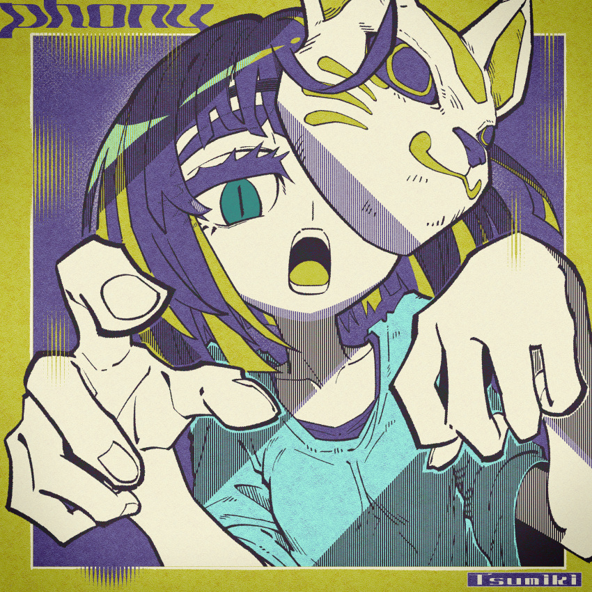 1girl :o blue_eyes blue_shirt border cevio collarbone colored_eyelashes colored_tongue dedeen fox_mask green_border green_hair green_tongue hands_up highres limited_palette looking_at_viewer mask mask_on_head mask_over_one_eye multicolored_hair open_mouth outstretched_arms phony_(cevio) purple_background purple_hair shirt slit_pupils solo song_name streaked_hair upper_body zombie_pose