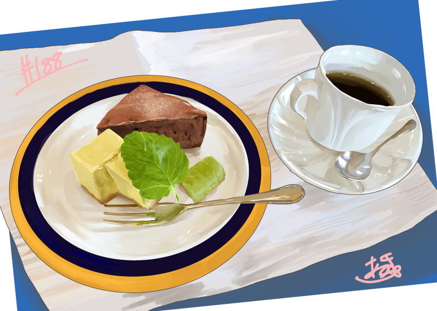 artist_name cake cake_slice cup drink food food_focus fork highres no_humans original pastry plate saucer takisou_sou tea teacup