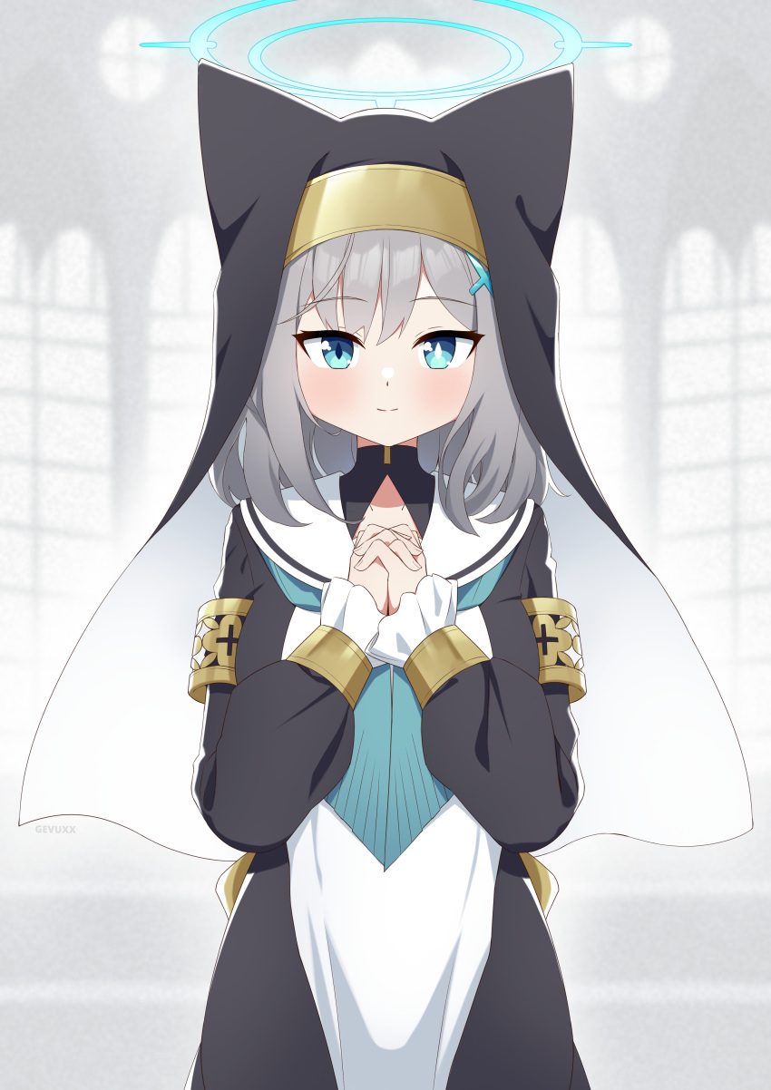 1girl absurdres animal_ear_headwear blue_archive blue_eyes blue_halo blue_neckerchief blush closed_mouth coif cosplay cross_hair_ornament gevuxx grey_hair habit hair_between_eyes hair_ornament halo highres long_sleeves looking_at_viewer mari_(blue_archive) mari_(blue_archive)_(cosplay) medium_hair mismatched_pupils neckerchief nun puffy_long_sleeves puffy_sleeves shiroko_(blue_archive) smile solo