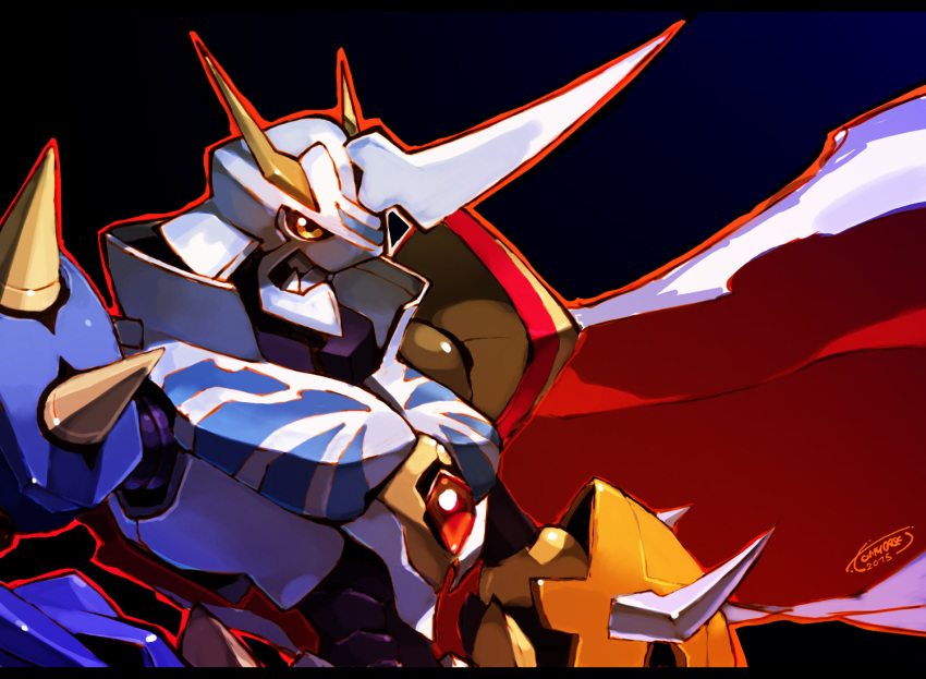 armor artist_name black_background cape chest_jewel digimon horns multiple_heads omegamon red_cape robot shoulder_armor solo spikes tomycase two-sided_cape two-sided_fabric upper_body white_cape yellow_eyes