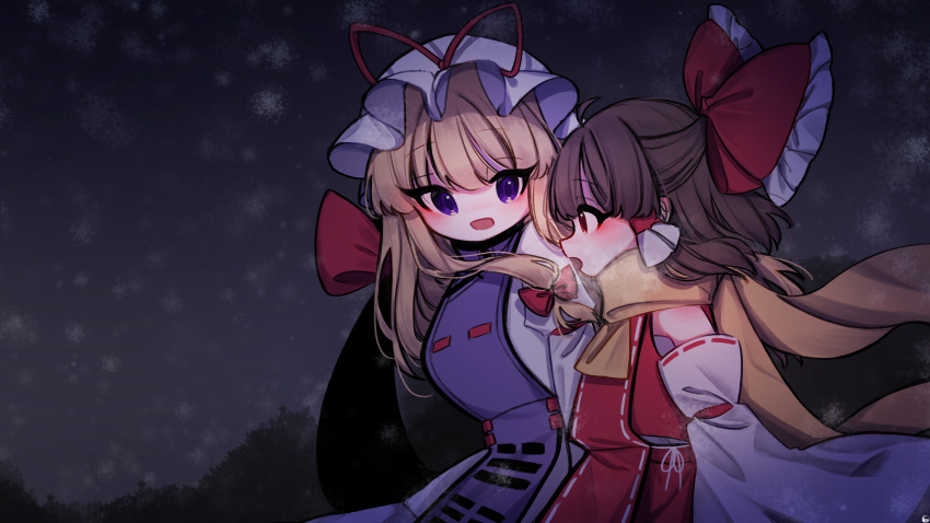 2girls absurdres ascot blonde_hair blush bow breath brown_hair commentary detached_sleeves frilled_bow frilled_hair_tubes frills gap_(touhou) hair_bow hair_tubes hakurei_reimu hat hat_ribbon highres long_hair long_sleeves looking_at_another mob_cap multiple_girls night open_mouth outdoors purple_tabard red_bow red_eyes red_ribbon ribbon ribbon-trimmed_sleeves ribbon_trim scarf snowing tabard tohou89 touhou upper_body violet_eyes white_hat white_sleeves yakumo_yukari yellow_ascot yellow_scarf