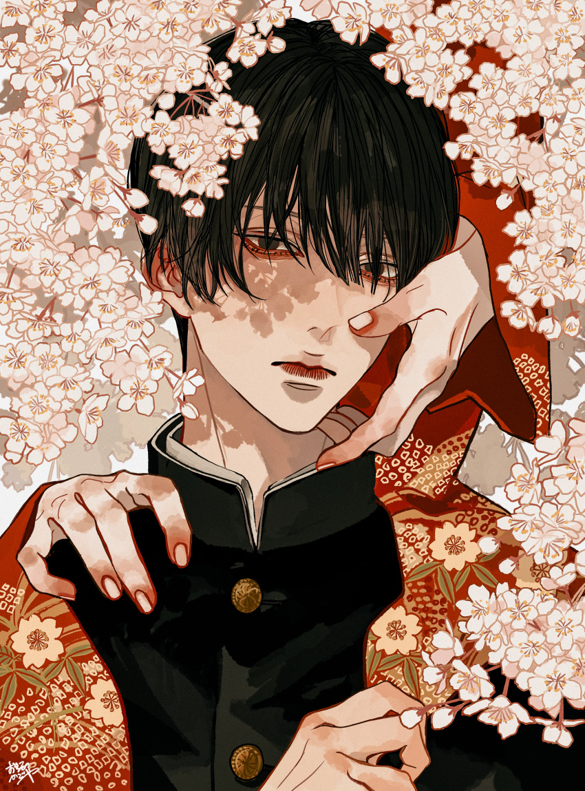 1boy absurdres black_hair black_jacket brown_eyes buttons cherry_blossoms closed_mouth disembodied_limb fingernails floral_print gakuran hand_on_another's_face hand_on_another's_shoulder high_collar highres jacket japanese_clothes kagoya1219 kimono long_sleeves looking_at_viewer male_focus original print_kimono red_kimono school_uniform short_hair signature upper_body
