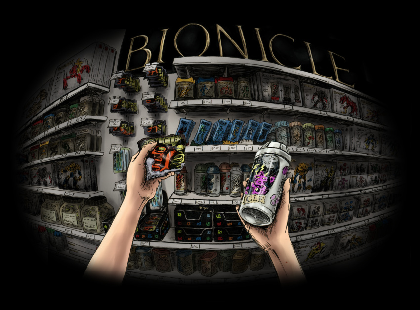 1other absurdres bag bionicle bottle box brutaka_(bionicle) copyright_name english_commentary fisheye highres holding pov scenery shop squaredmich tahu_(bionicle) teridax the_lego_group toy toy_store