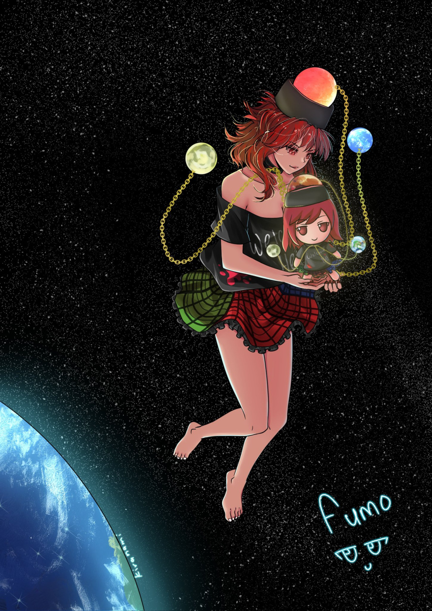 1girl barefoot black_shirt commentary earth_(ornament) english_commentary fumo_(doll) hecatia_lapislazuli highres kyoto_kiranami medium_hair moon_(ornament) multicolored_clothes multicolored_skirt off_shoulder outdoors plaid plaid_skirt red_eyes redhead shirt short_hair short_sleeves skirt sky solo space star_(sky) starry_sky touhou
