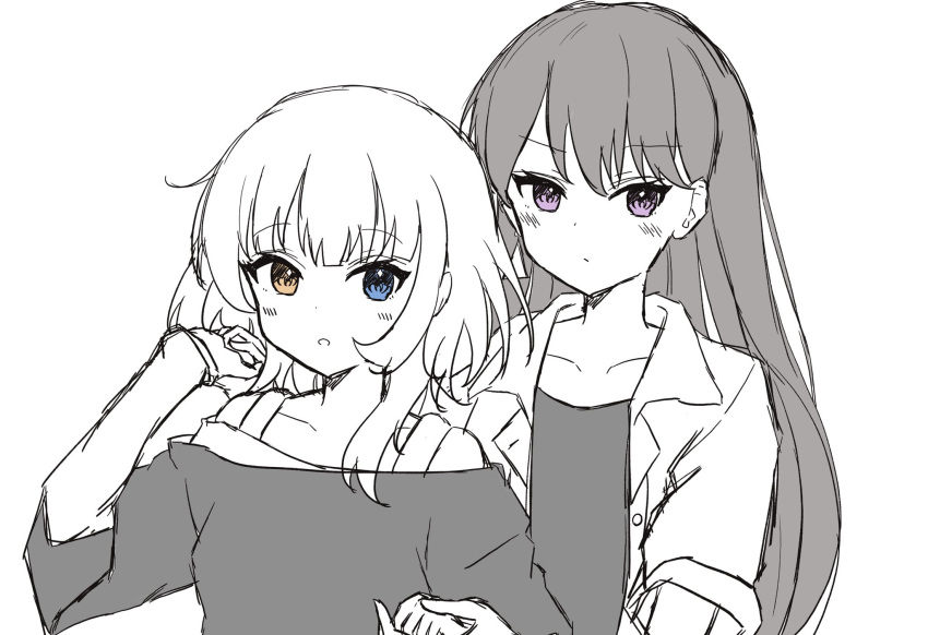 2girls bang_dream! bang_dream!_it's_mygo!!!!! blue_eyes blush closed_mouth collarbone commentary_request greyscale heterochromia highres holding_hands jacket kaname_raana layered_sleeves long_hair long_sleeves looking_at_viewer mole mole_under_eye monochrome multiple_girls open_clothes open_jacket shiina_taki short_hair short_over_long_sleeves short_sleeves simple_background spot_color tunakou27 upper_body violet_eyes white_background yellow_eyes yuri