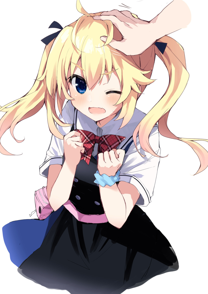 1girl 1other absurdres ahoge bag black_dress black_ribbon blonde_hair blue_dress blue_eyes blue_scrunchie blush bow bowtie clenched_hands collared_shirt disembodied_limb dress fang fanny_pack floating_hair grisaia_(series) grisaia_no_kajitsu hair_between_eyes hair_ribbon hand_on_another's_head hands_up headpat highres long_hair looking_at_viewer matsushima_michiru one_eye_closed open_mouth out_of_frame pink_bag plaid plaid_bow red_bow red_bowtie ribbon sailor_collar sailor_dress school_uniform scrunchie serafuku shirt short_sleeves simple_background skin_fang sweatdrop takepoison twintails white_background white_sailor_collar white_shirt wrist_scrunchie