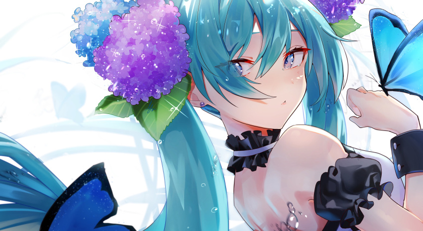 1girl absurdres alternate_costume aqua_hair back backless_dress backless_outfit bare_shoulders blue_eyes bug butterfly closed_mouth diffraction_spikes dress earrings flower from_side hair_between_eyes hair_flower hair_ornament halter_dress halterneck hand_up hatsune_miku highres inuyama_(1109) jewelry leaf_hair_ornament long_hair looking_at_viewer nape portrait sleeveless sleeveless_dress solo twintails upper_body very_long_hair vocaloid water_drop