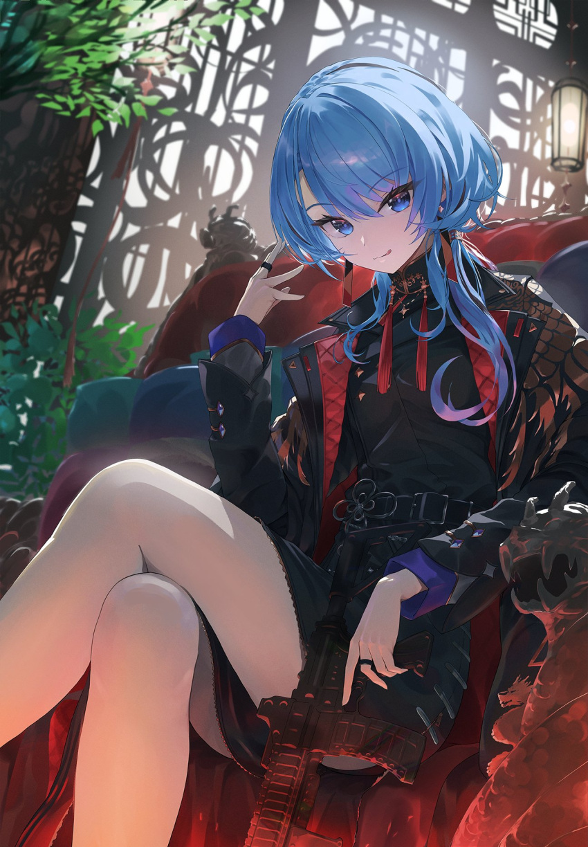 1girl asymmetrical_hair atatatatame01 belt black_belt black_coat black_dress blue_eyes blue_hair breasts chair closed_mouth coat commentary crossed_legs dress earrings feet_out_of_frame gun hanafuda_earrings hashtag-only_commentary highres holding holding_gun holding_weapon hololive hoshimachi_suisei hoshimachi_suisei_(8th_costume) jewelry licking_lips light_blue_hair looking_at_viewer machine_gun official_alternate_costume open_clothes open_coat padded_coat plant potted_plant ring short_hair_with_long_locks sitting small_breasts smile solo star_(symbol) star_in_eye swept_bangs symbol_in_eye tassel tongue tongue_out two-sided_coat two-sided_fabric virtual_youtuber weapon
