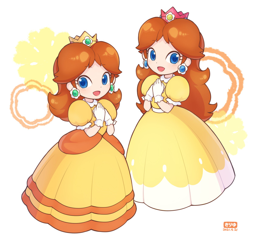 2girls blue_eyes brown_hair crown dated dress earrings flower_earrings gloves hands_on_own_chest highres jewelry long_hair looking_at_viewer multiple_girls open_mouth orange_dress princess_daisy smile super_mario_bros. teru_suzu two-tone_dress white_gloves