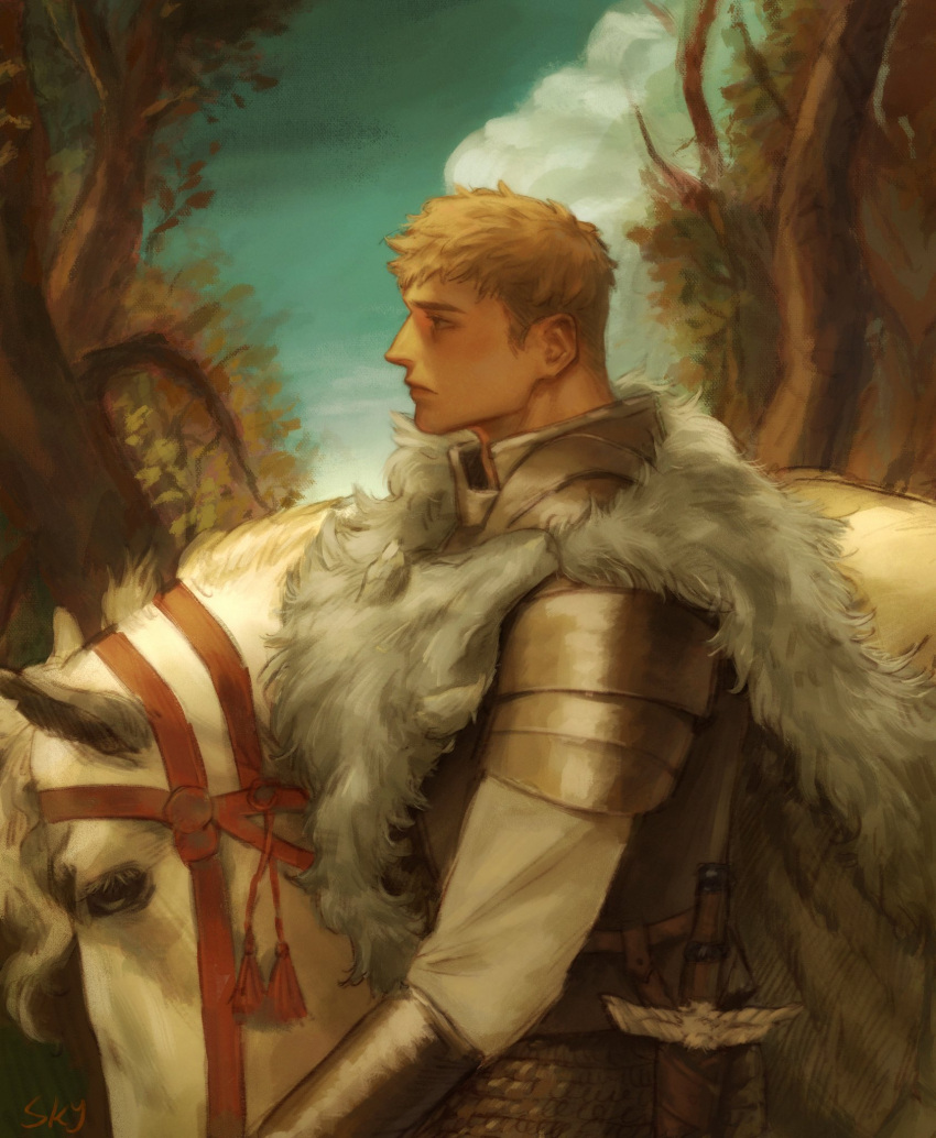 1boy animal armor brown_hair chainmail cloak clouds day dungeon_meshi english_commentary from_side fur_cloak highres horse kensuke_(dungeon_meshi) koitotwt laios_touden light_brown_hair long_sleeves looking_ahead male_focus nature official_alternate_costume outdoors pauldrons pelt plate_armor profile reins sheath sheathed shirt short_hair shoulder_armor sky spoilers sword tassel tree undercut upper_body vambraces weapon white_shirt winged_sword wolf_pelt