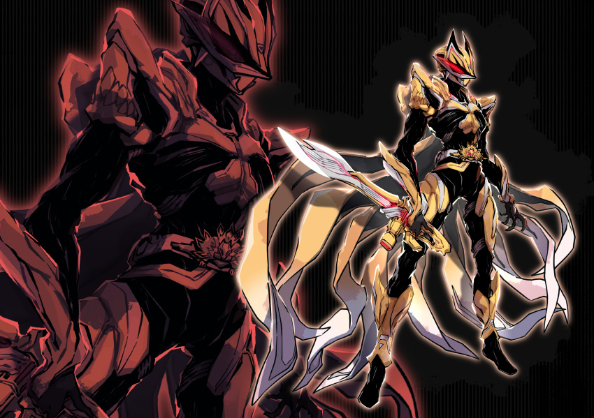 1boy absurdres armor copyright_request dooms_geats_core_id full_armor full_body geats_buster_qb9 gold_armor highres holding holding_sword holding_weapon kamen_rider kamen_rider_dooms_geats kamen_rider_geats kamen_rider_geats:_jyamato_awaking kamen_rider_geats_(series) linnnoj sword tokusatsu weapon