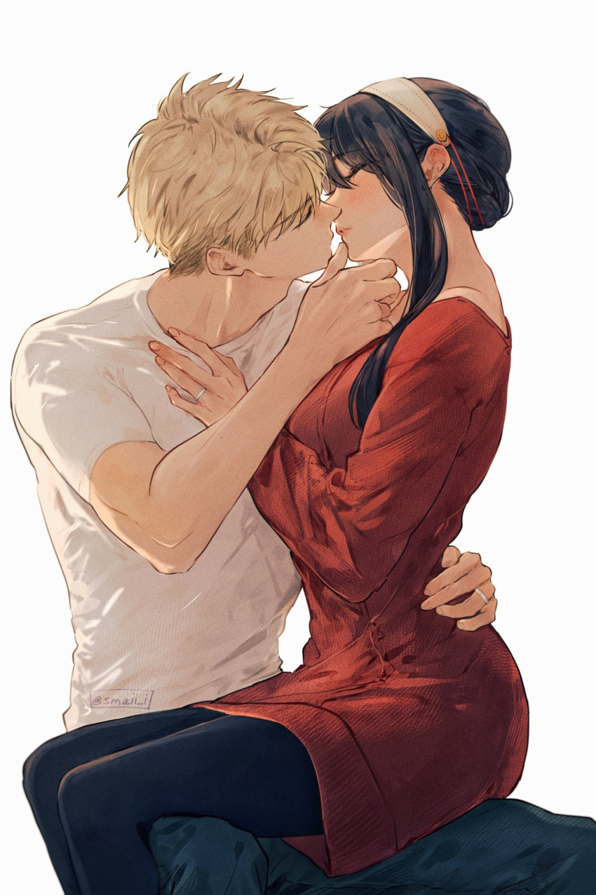 1boy 1girl arm_around_waist black_hair black_pantyhose blonde_hair blue_pants blush closed_eyes couple denim facing_another hair_between_eyes hairband hand_on_another's_chest hand_on_another's_chin hetero highres imminent_kiss jeans jewelry long_sleeves maiii_(smaii_i) noses_touching pants pantyhose parted_lips red_sweater ring shirt short_hair short_hair_with_long_locks simple_background sitting sitting_on_lap sitting_on_person spy_x_family sweater t-shirt twilight_(spy_x_family) twitter_username white_background white_hairband white_shirt yor_briar
