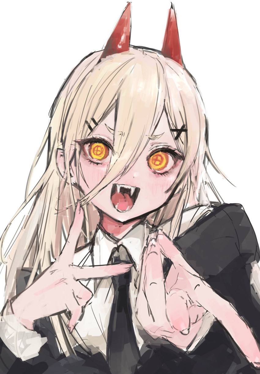1girl blonde_hair chainsaw_man collared_shirt demon_horns double_v fangs hair_between_eyes highres horns iq033 jacket long_hair looking_at_viewer necktie open_mouth power_(chainsaw_man) red_horns ringed_eyes shirt sketch smile solo symbol-shaped_pupils teeth upper_body v yellow_eyes