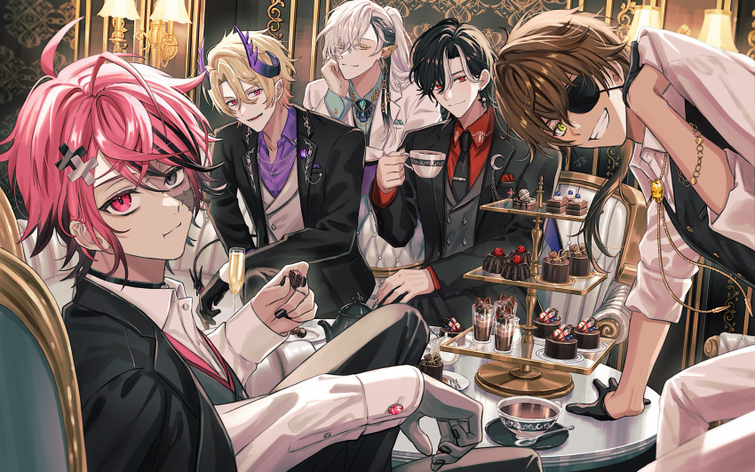 5boys ahoge azuma_hatori bishounen black_hair blonde_hair brown_hair cassian_floros cup english_commentary eyelashes eyepatch first_stage_production gale_galleon green_eyes grey_eyes grin hair_between_eyes highres long_hair looking_at_viewer lucien_lunaris male_focus multicolored_hair multiple_boys nail_polish patchwork_skin pink_eyes pink_hair red_eyes rosco_graves short_hair sitting smile suit teacup virtual_youtuber white_day white_hair zander_netherbrand