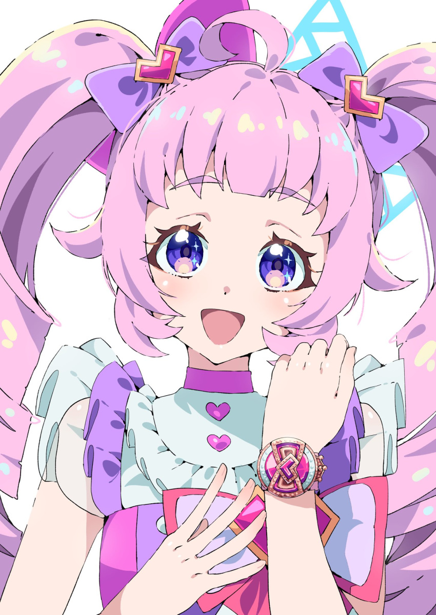 1girl :d ahoge aozora_himari blunt_bangs bow commentary_request drill_hair hair_bow hands_up heart highres himitsu_no_aipri idol_clothes long_hair looking_at_viewer open_mouth pink_hair pretty_series purple_bow simple_background smile solo tsujii_luki twintails upper_body violet_eyes watch watch white_background