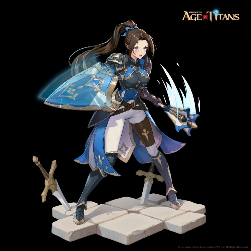 1girl 3mmode age_of_titans armor armored_boots black_armor black_background blue_coat blue_eyes blue_ribbon boots breastplate breasts brick_floor brown_hair coat copyright_name fighting_stance gloves hair_ribbon high_ponytail highres holding holding_mace holding_shield large_breasts long_hair looking_at_viewer magic open_mouth pants parted_bangs ponytail ribbon shield shoulder_armor sidelocks solo sword teeth weapon white_pants