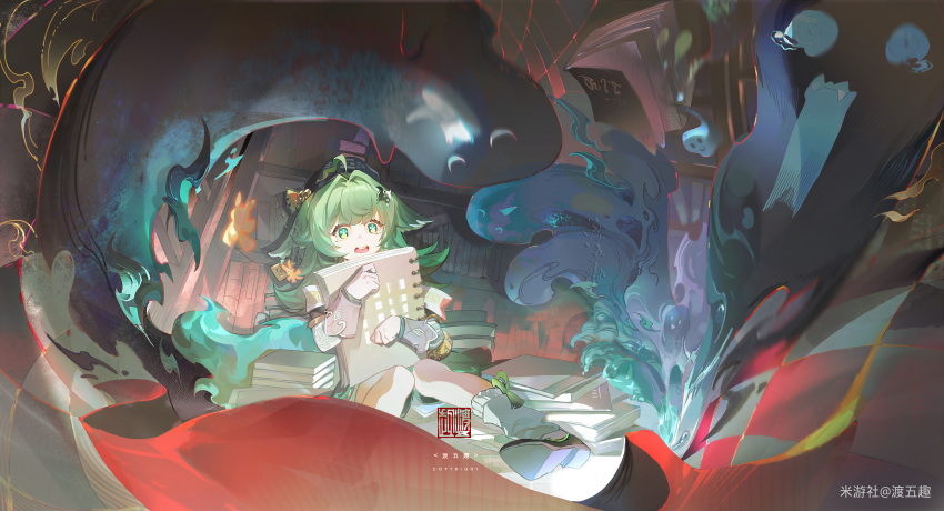 1girl absurdres ahoge black_hat book book_stack bookshelf chinese_commentary commentary_request droopy_ears fox_girl fox_tail ghost green_eyes green_hair green_tail hair_intakes hair_ornament hat highres holding holding_book honkai:_star_rail honkai_(series) huohuo_(honkai:_star_rail) indoors long_hair miyoushe_watermark open_mouth sitting socks solo ste7619 tail teeth upper_teeth_only white_socks wide_shot