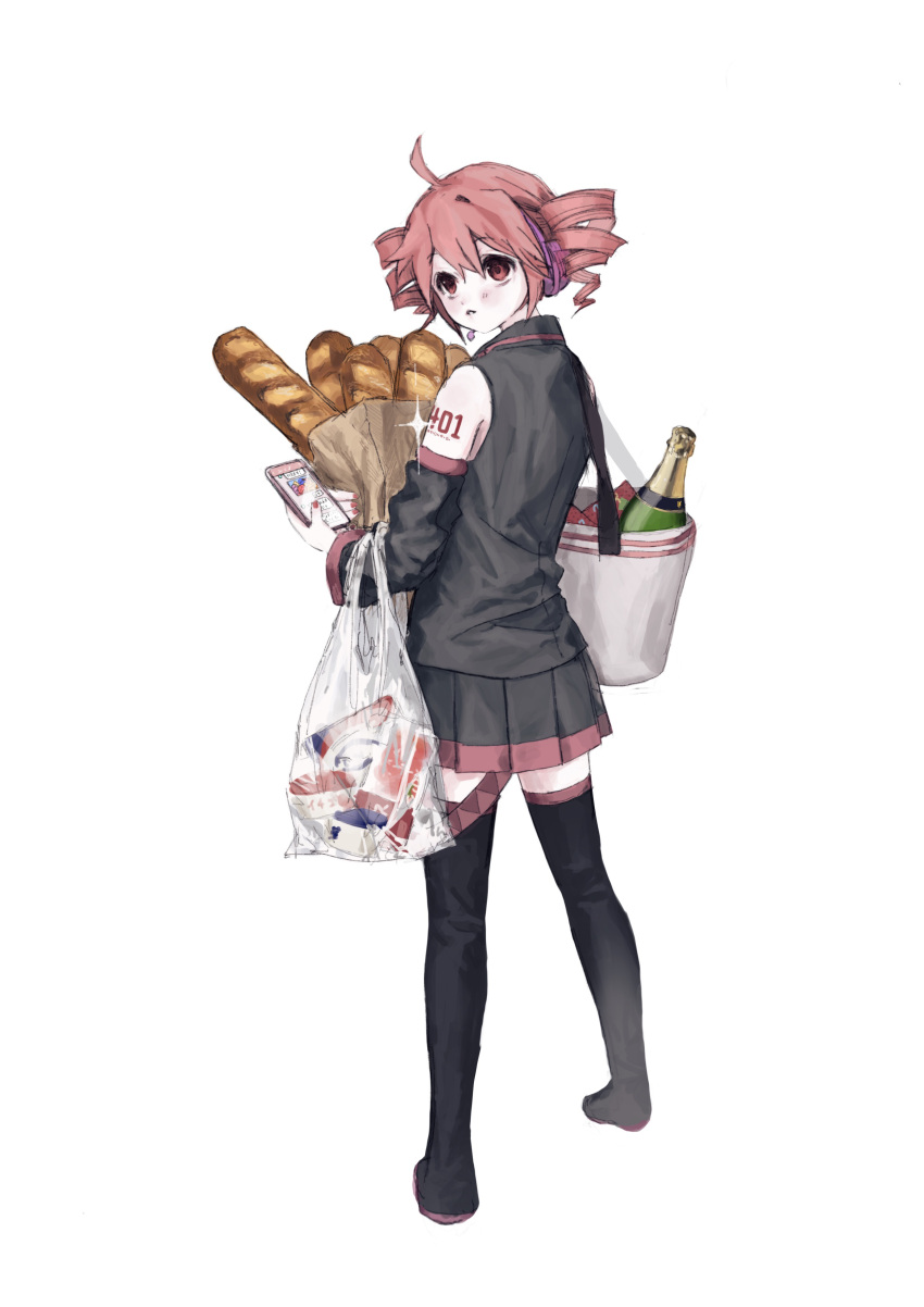 1girl absurdres bad_id bad_pixiv_id bag baguette black_footwear black_shirt black_skirt black_sleeves blush boots bread cellphone champagne_bottle commentary_request detached_sleeves drill_hair food from_behind full_body grocery_bag headset highres holding holding_bag holding_phone inactive_account kasane_teto looking_at_viewer looking_back number_tattoo phone pleated_skirt red_eyes red_nails redhead sen-san shirt shopping_bag short_hair shoulder_tattoo simple_background skirt smartphone solo sparkle standing tattoo text_messaging thigh_boots twin_drills twintails utau white_background