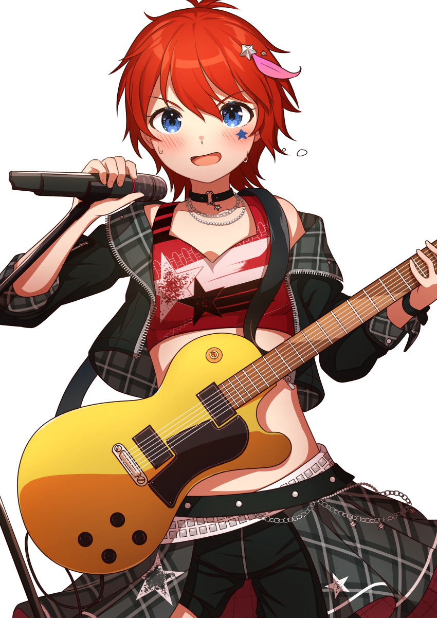 1girl absurdres akatsuki_(artakatuki) belly_chain belt black_choker black_jacket black_shorts blue_eyes blush breasts choker collarbone cropped_shirt dot_nose electric_guitar facial_mark grey_skirt guitar hair_ornament highres holding holding_guitar holding_instrument holding_microphone idolmaster idolmaster_million_live! idolmaster_million_live!_theater_days instrument jacket jewelry julia_(idolmaster) long_sleeves looking_at_viewer microphone microphone_stand multiple_belts necklace open_clothes open_jacket open_mouth overskirt plaid plaid_skirt print_shirt print_skirt red_shirt redhead shirt short_hair shorts simple_background single_bare_shoulder single_off_shoulder skirt small_breasts smile solo star_(symbol) star_facial_mark star_hair_ornament star_print sweat v-shaped_eyebrows white_background